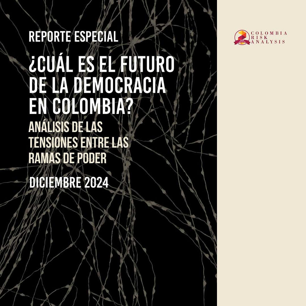 Portada de un informe especial sobre el futuro de la democracia en Colombia. Fondo oscuro con líneas abstractas que evocan complejidad institucional, acompañado de un panel claro con el logotipo de Colombia Risk Analysis. El informe está fechado en diciembre de 2024