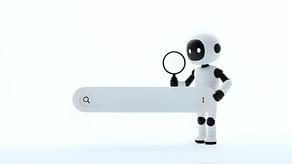 Ilustração minimalista de um pequeno robô curioso espiando uma barra de busca flutuante, em um cenário lúdico com cores suaves e traços artísticos delicados.