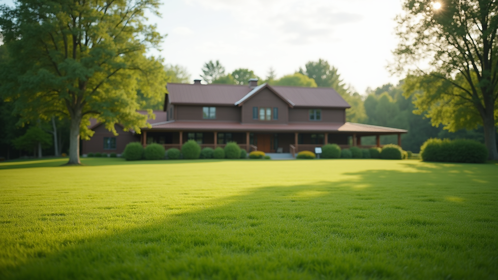 Wide angle view of a sprawling green lawn with a rustic ranch house in the background