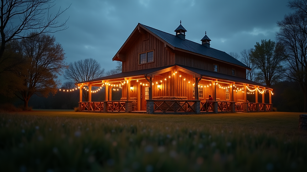 Eye-level view of a rustic barn with elegant string lights at dusk
