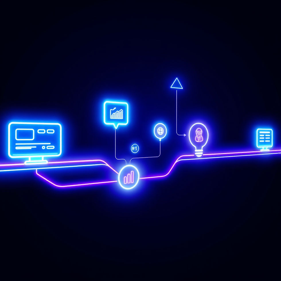 Futuristic neon pathway visual on a dark background, showing a startup journey as connecte