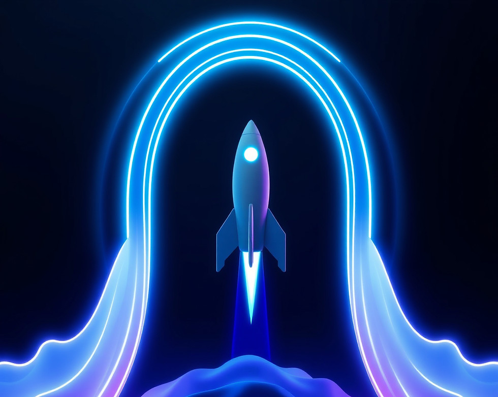 Futuristic rocket ascending through glowing holographic rings, abstract symbol of innovati