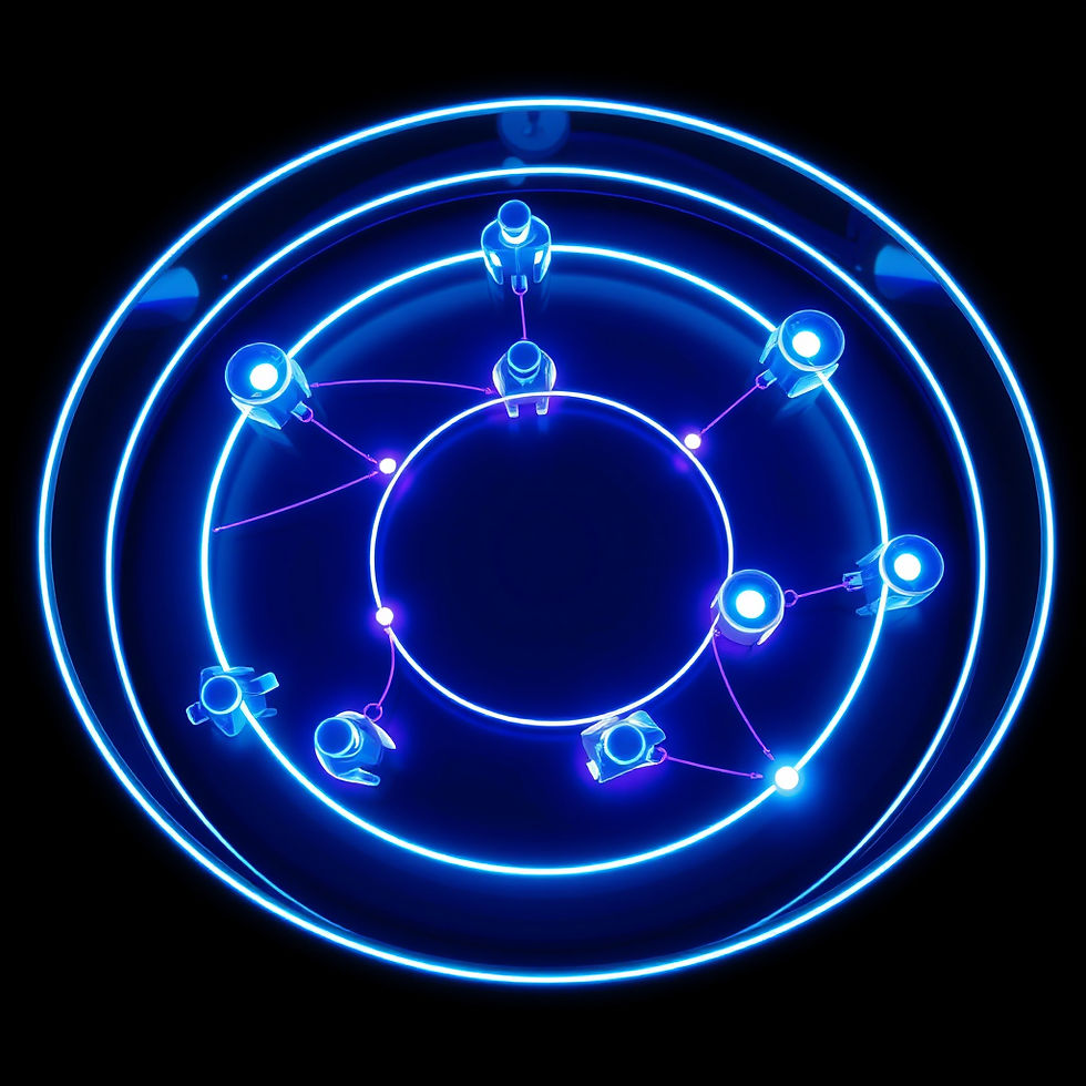 Neon-lit circular collaboration space viewed from above, with multiple glowing nodes repre