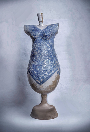 Blue pottery baju kebaya sculpture by Cheah Yeow Seng