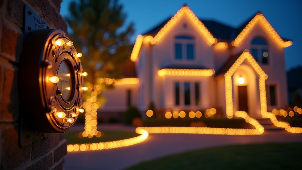 High angle view of a timer controlling LED holiday lights outdoors