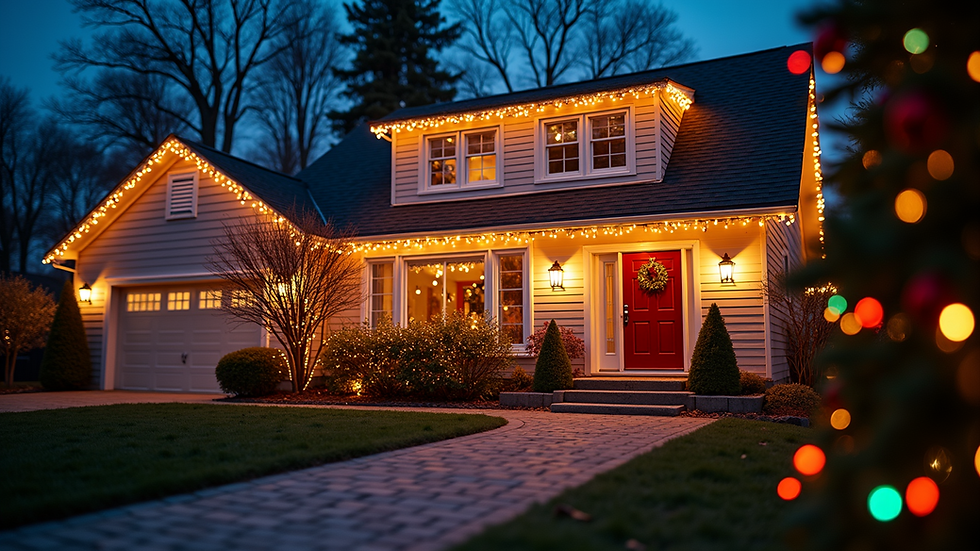 Eye-level view of a house decorated with colorful Christmas lights
