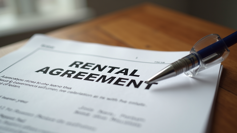 Eye-level view of a rental agreement document on a wooden table