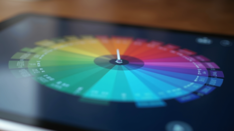 Close-up view of a digital color wheel on a tablet screen