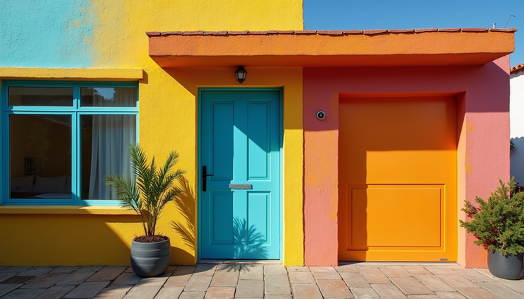 High angle view of a freshly painted house exterior with vibrant colors