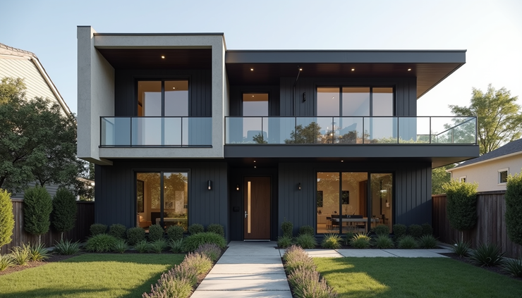 Eye-level view of a house exterior painted in dark charcoal with white trim