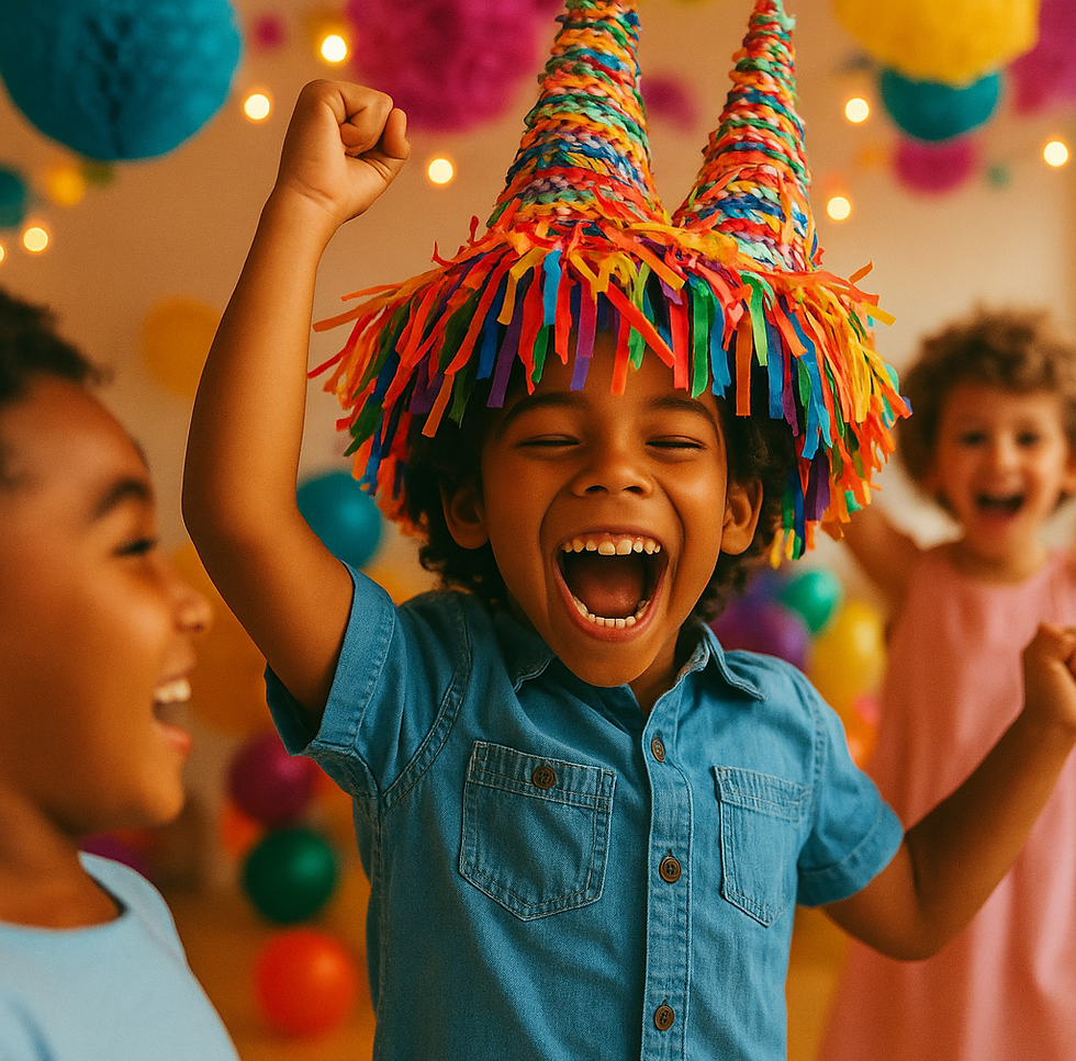 Niño feliz con sombrero celebrando. Fiesta colorida con amigos y decoraciones alegres.