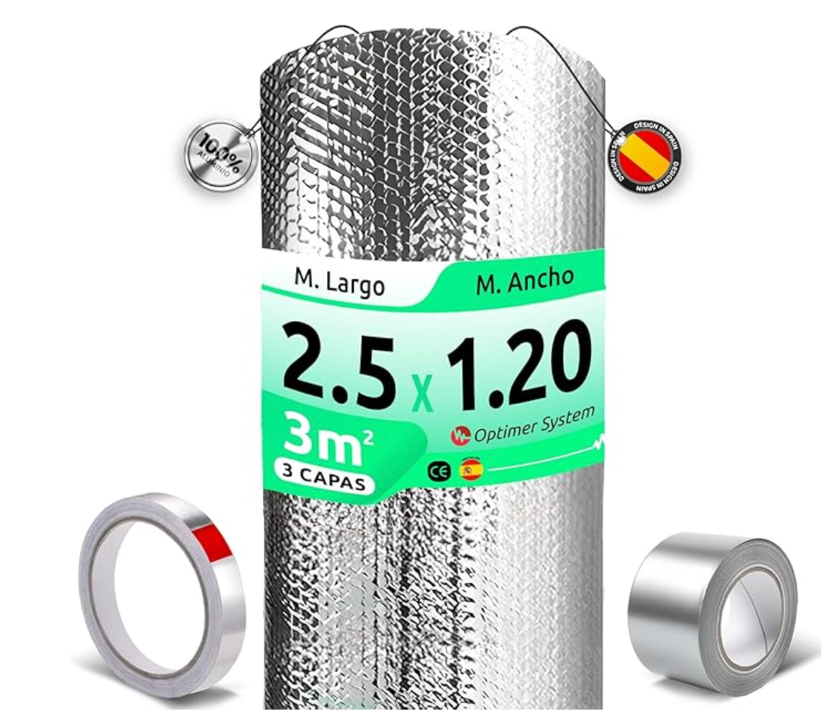 AISLANTE TÉRMICO |100% ALUMINIO|[ 1.20 X 2.5m ] (3m²) + 2 cintas adhesivas