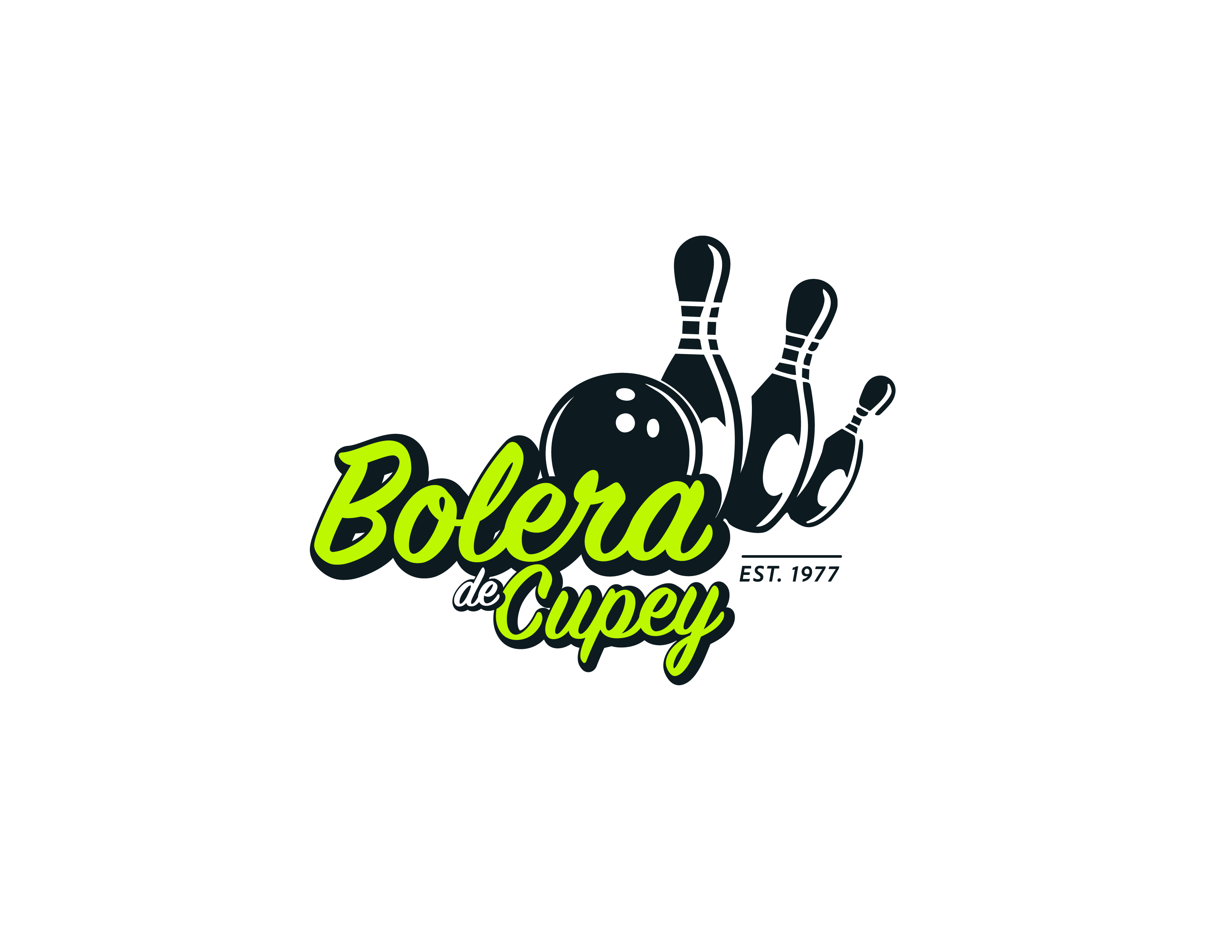 Logotipo verde y negro de Bolera del Cupey con bolos y bola de boliche.