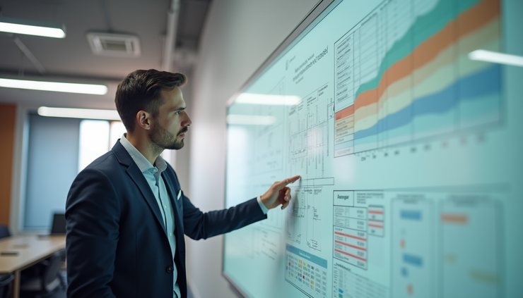 Eye-level view of a project manager reviewing adaptive project plans on a whiteboard