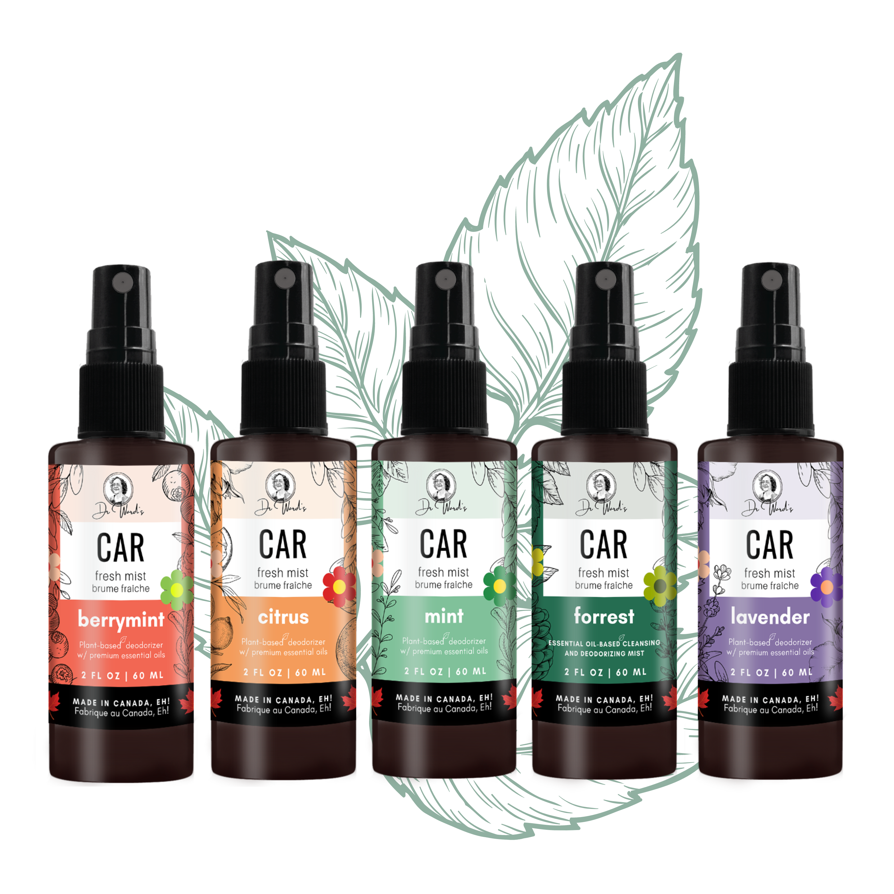 Dr. Ward's Fresh car mist. 5 scents, berrymint, citrus, mint, forrest, and lavender.