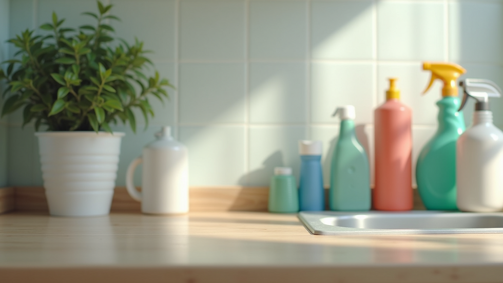 Eye-level view of kitchen countertop with cleaning supplies