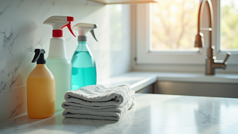 High angle view of cleaning supplies arranged neatly on a countertop