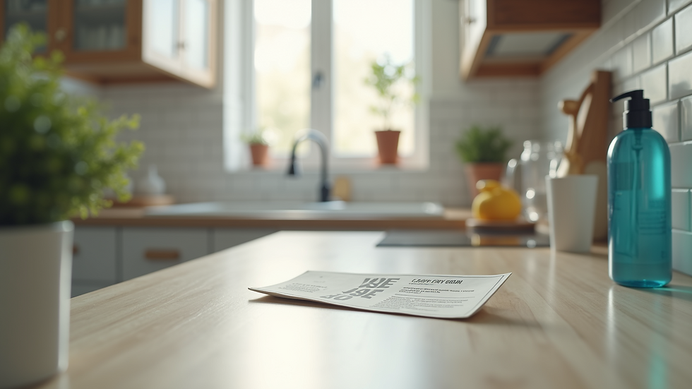Eye-level view of a clean kitchen with a voucher for cleaning services