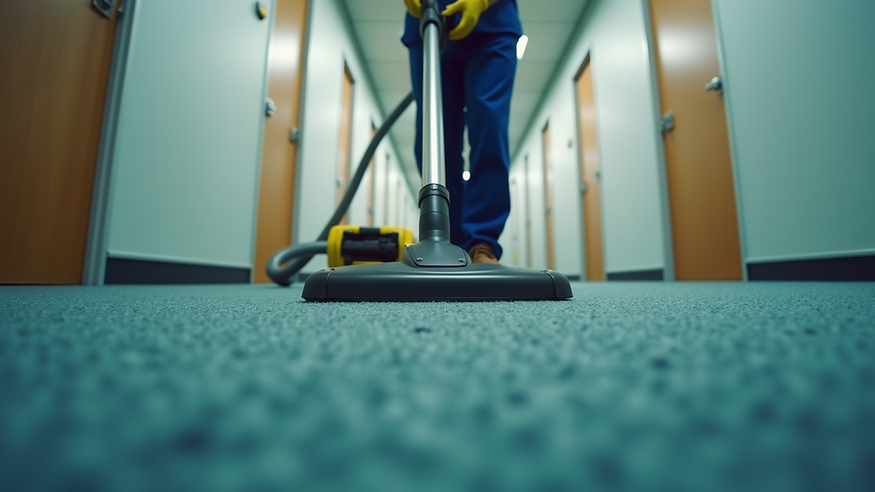 Eye-level view of a janitor vacuuming an office carpet