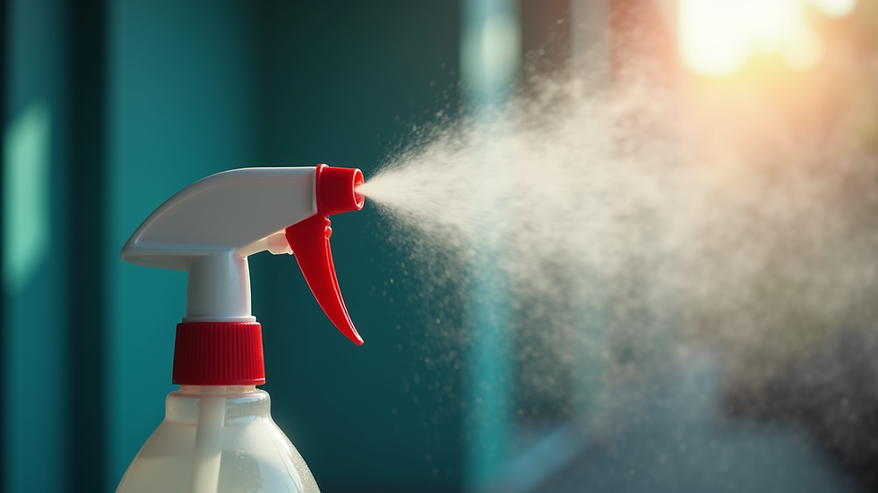 Close-up view of disinfectant spray nozzle releasing mist