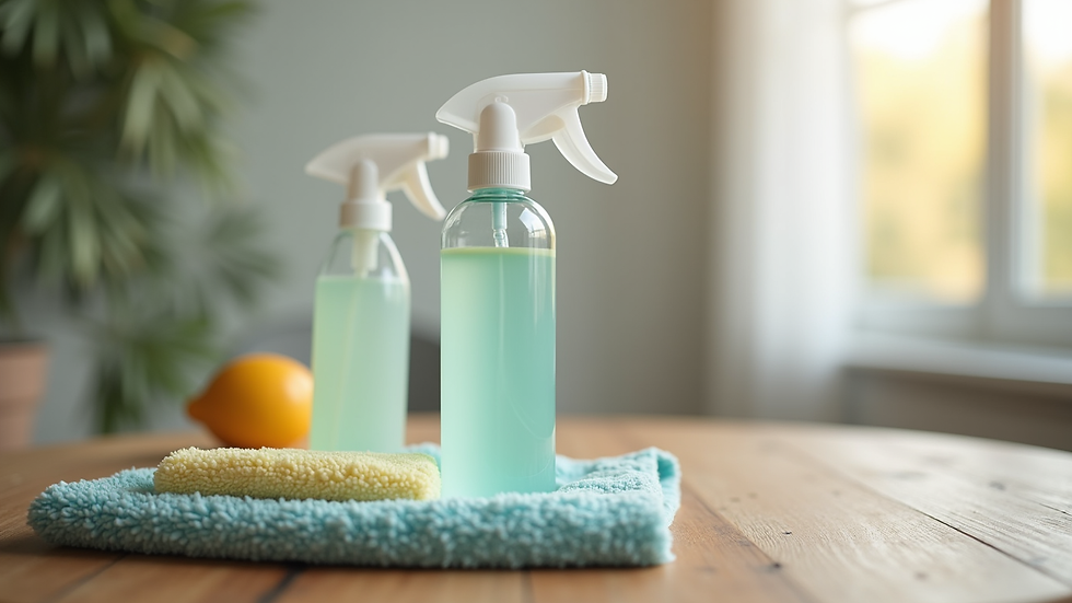 Close-up view of microfiber cloth and cleaning spray on wooden table