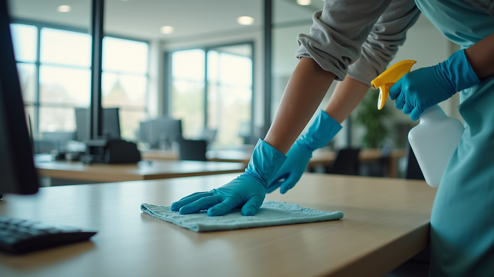 High angle view of professional cleaner disinfecting office desk