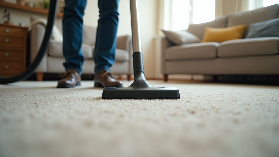 Eye-level view of a professional cleaner vacuuming a living room carpet