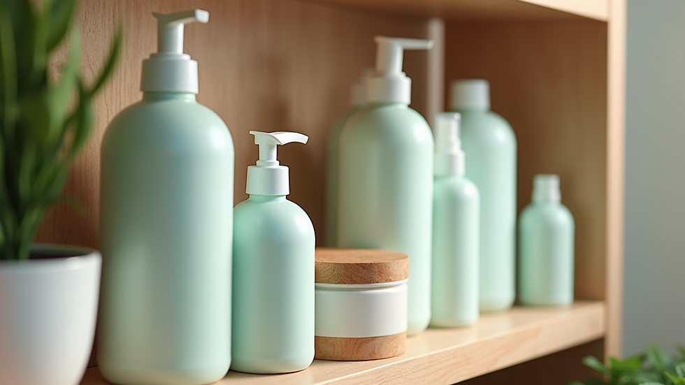 Close-up of eco-friendly cleaning products arranged on a shelf