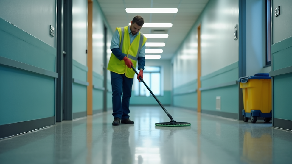 Eye-level view of a janitor cleaning a commercial office floor