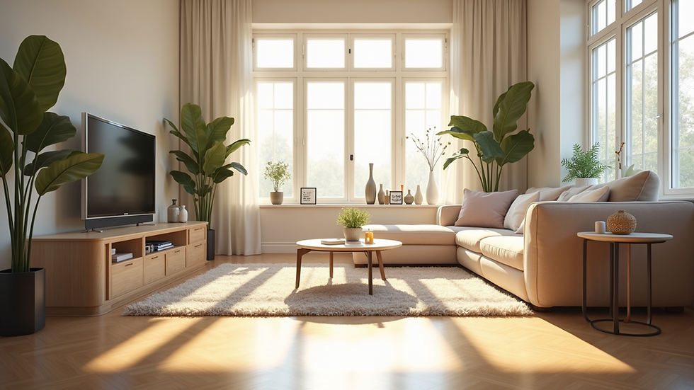 Eye-level view of a sparkling clean living room with sunlight streaming through windows