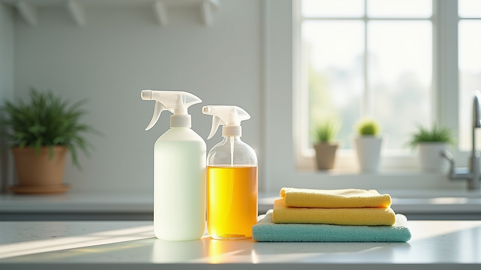Close-up view of cleaning supplies arranged neatly on a countertop
