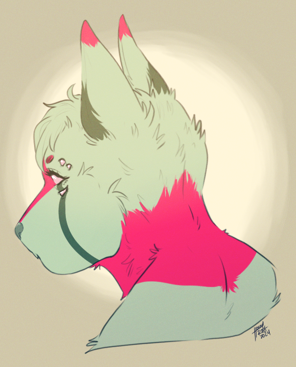 A green and vibrant salmon pink canine looking off to the side. The angle is semi-behind their back.
