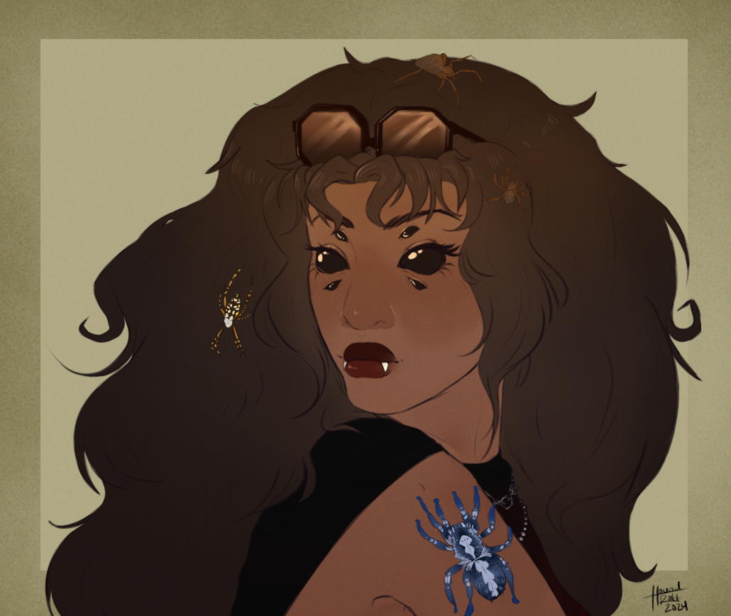 A bust of a woman with long brown hair looking off to the side. She has spiders in her hair.