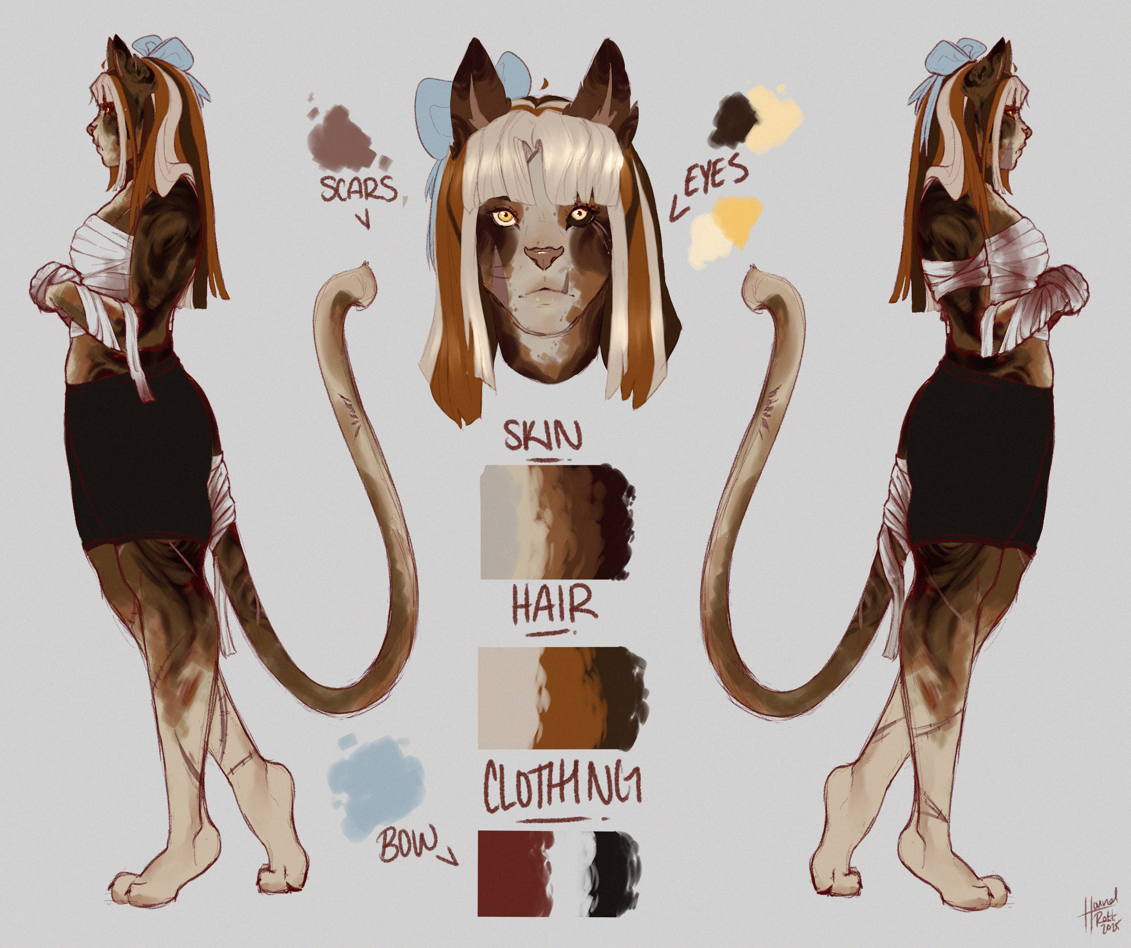 A ref sheet of a calico feline furry with long calico hair and bloody bandages. She also has a bow in her hair. The challenge that inspired her is https://www.youtube.com/shorts/j2DfNYCIGh0