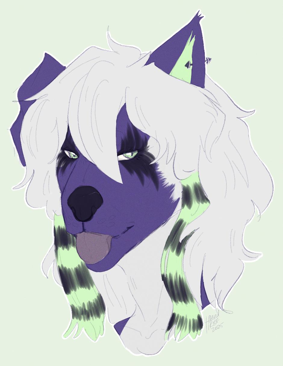 A headshot of a dog with purple and white fur and white hair with green and black raccon tails in his hair (the style not the actual tails). His tongue is sticking out.