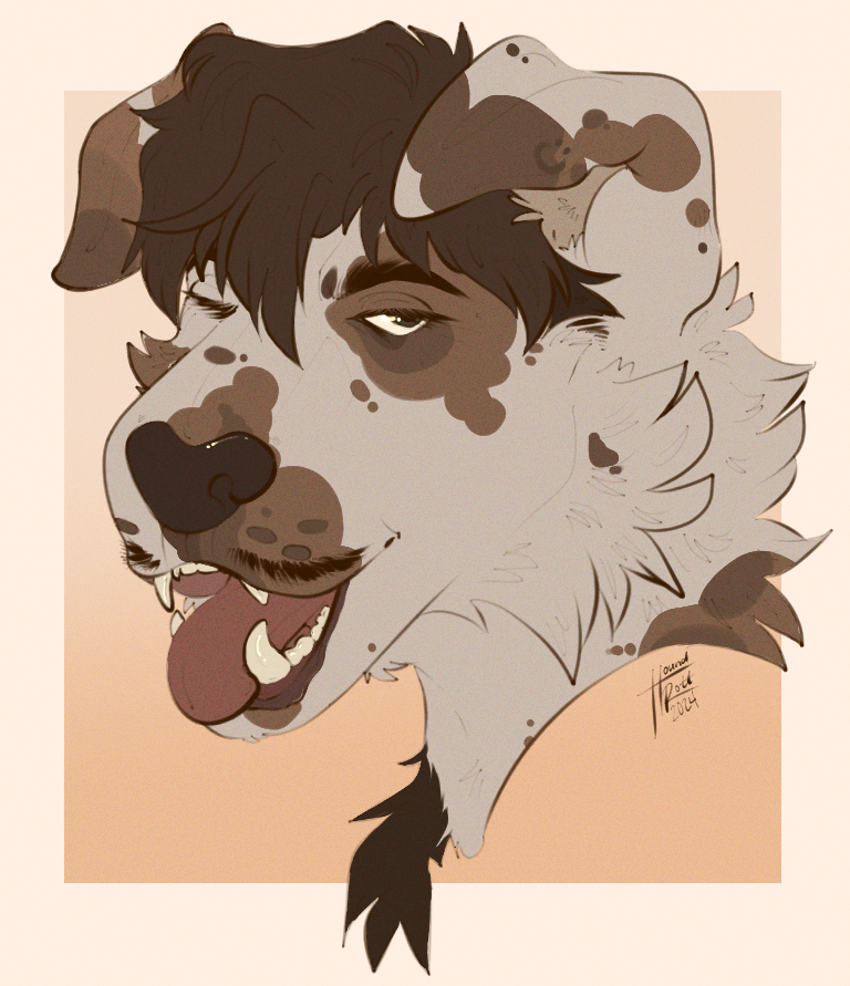 A headshot of a dog with his tongue sticking out and one eye closed.