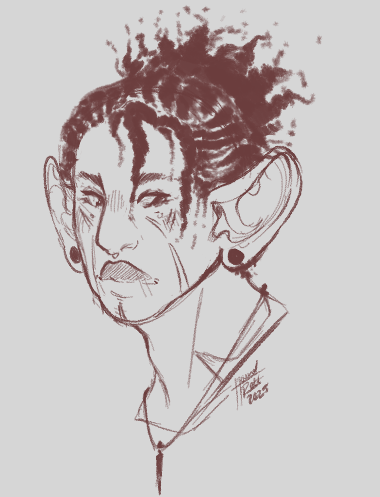 A man with large and long ears at 3/4th's angle looking off to the side.