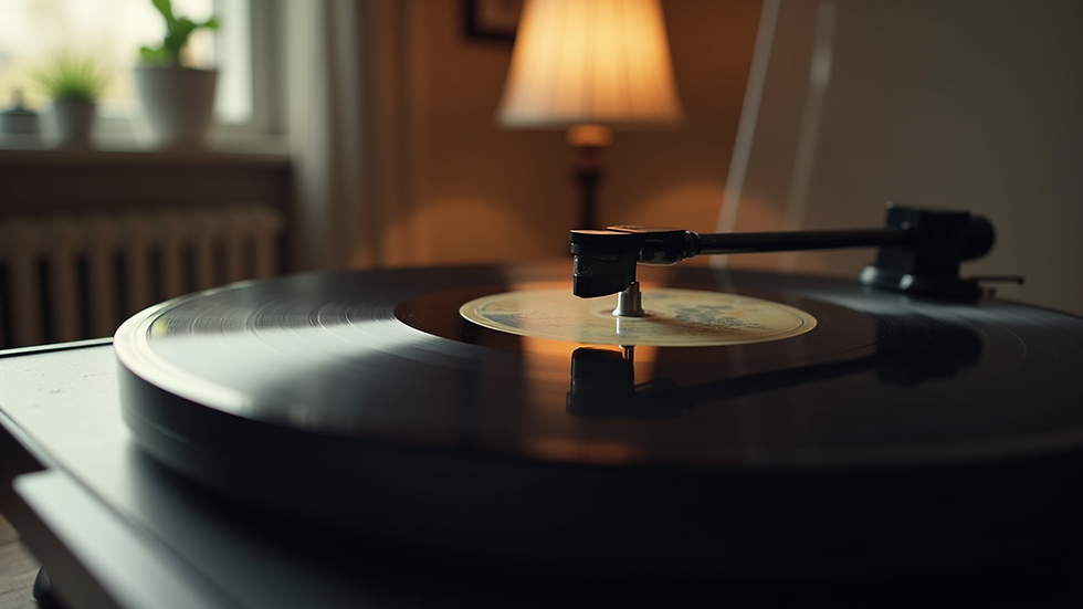 Eye-level view of a vintage vinyl record player spinning a record