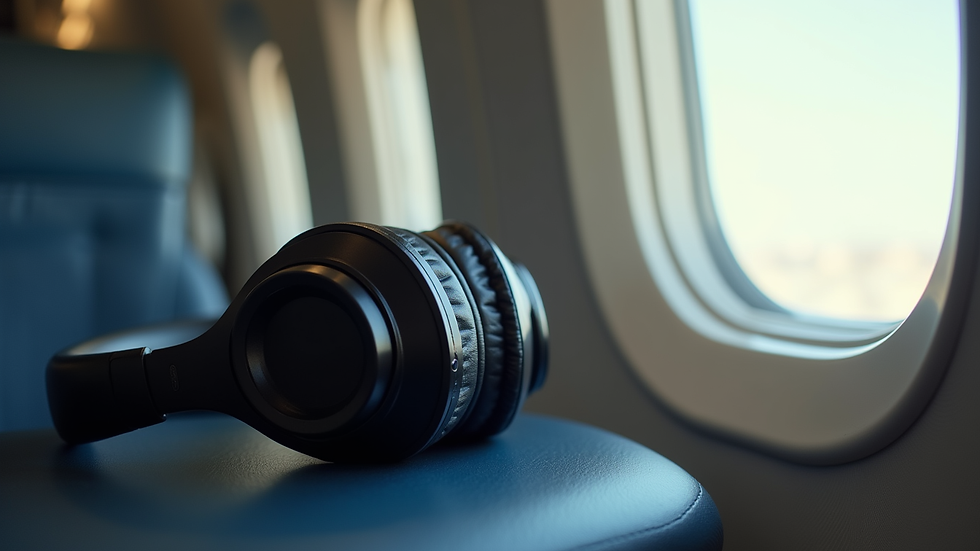 Close-up of headphones resting on airplane window ledge