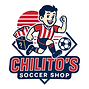Chilito’s Soccer Shop logo featuring a retro cartoon soccer player in a red and white striped jersey, with a soccer ball and 