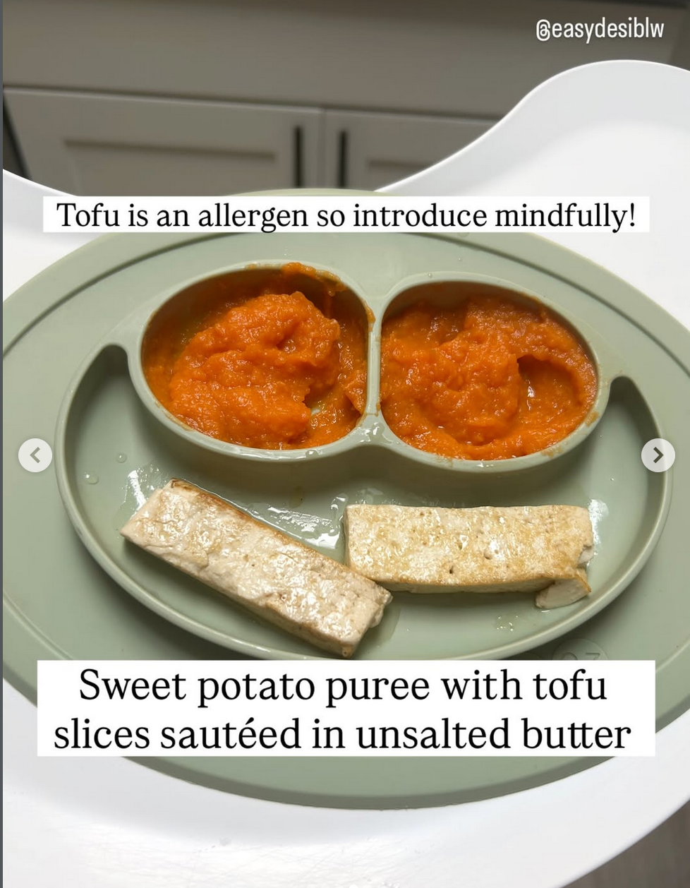 Plate of orange sweet potato puree and tofu slices on a green dish, with text: Tofu is an allergen so introduce mindfully!