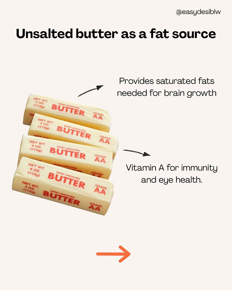 Infographic of unsalted butter sticks with arrows and text: fat source, brain growth, vitamin A for immunity and eye health.