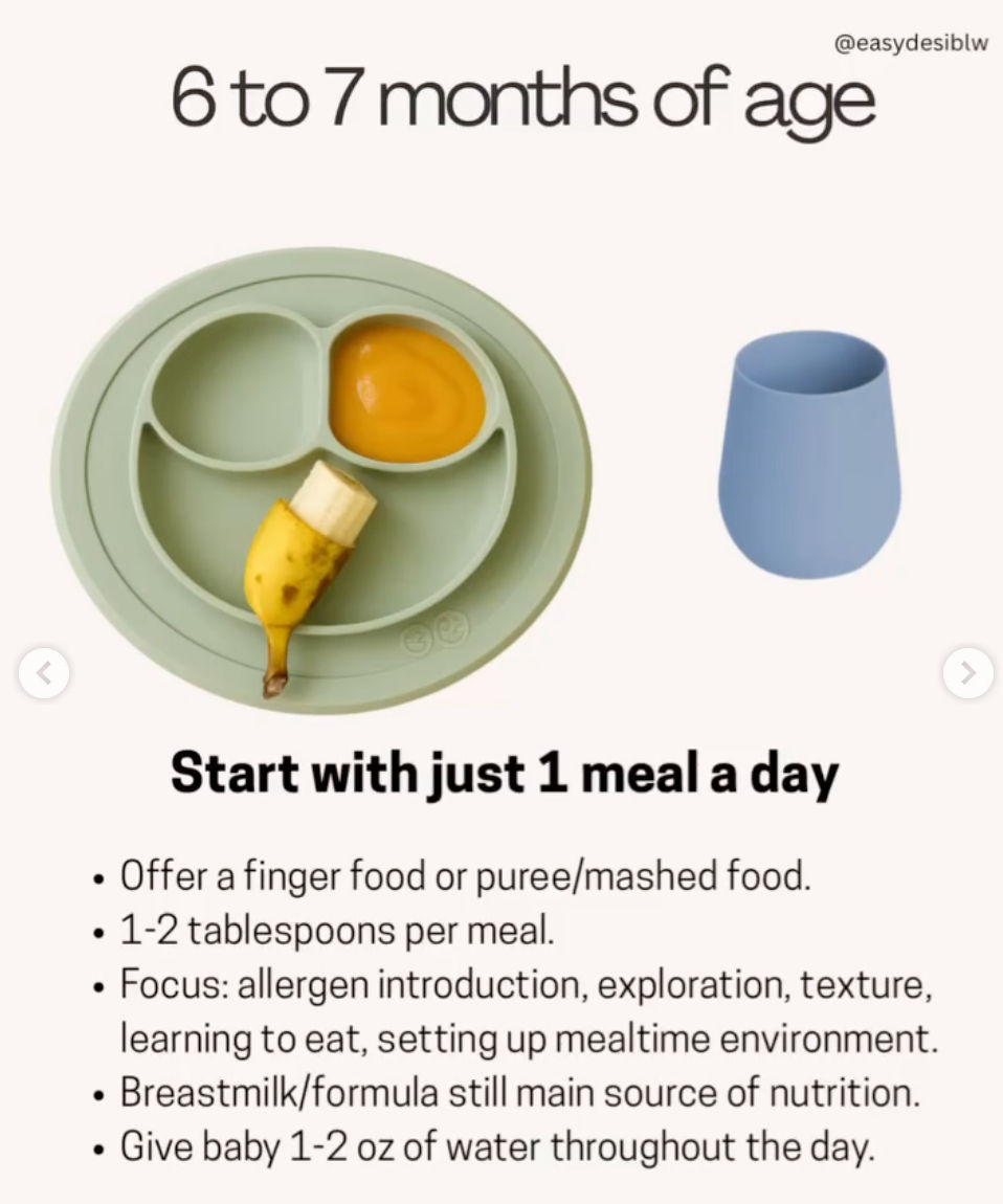 Infographic for 6 to 7 months of age with a baby plate, banana and puree, cup, and feeding tips for starting one meal daily.