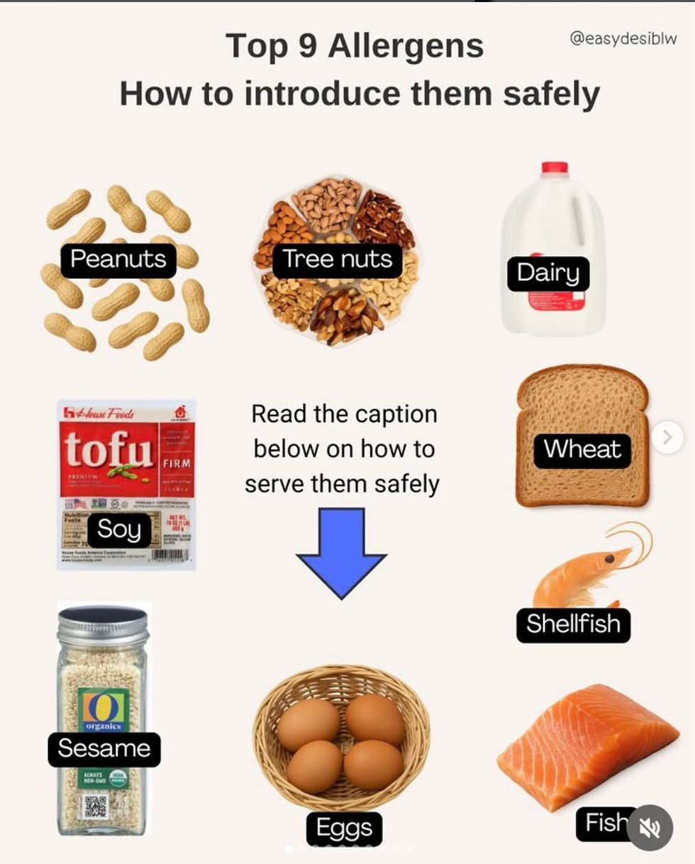 Infographic titled Top 9 Allergens: peanuts, tree nuts, dairy, soy, wheat, shellfish, sesame, eggs and fish, with a blue arrow.