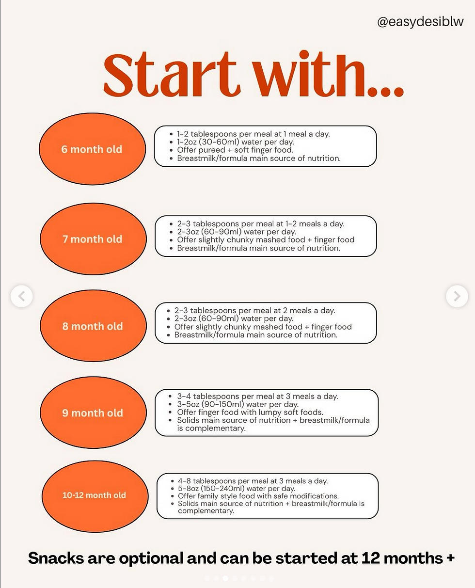 Infographic titled Start with... showing baby feeding guidelines for 6-12 months on orange ovals, with snack note at bottom.