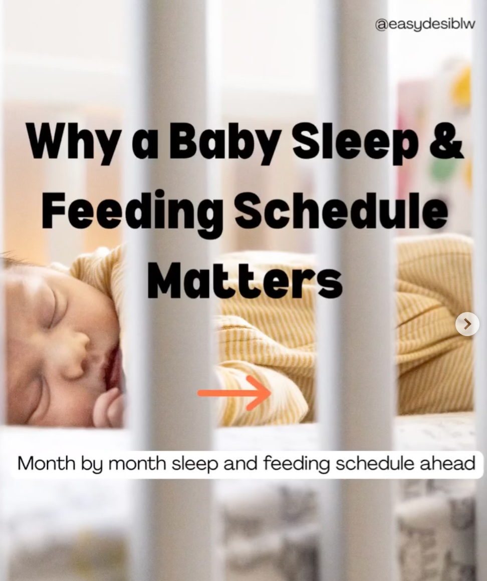 Sleeping baby behind crib bars with bold text: Why a Baby Sleep & Feeding Schedule Matters, plus month by month schedule ahead