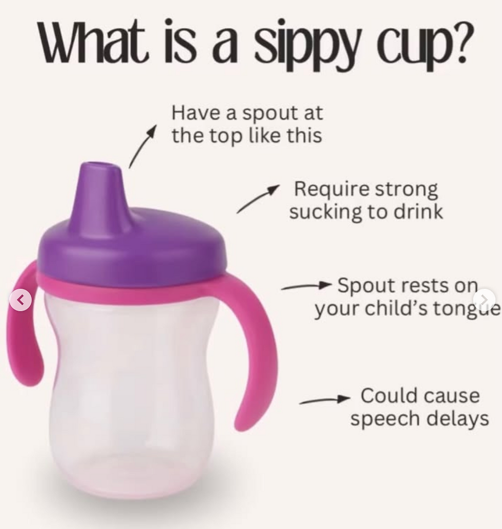 Infographic of a purple-and-pink sippy cup labeled with a top spout, strong sucking, tongue contact, and possible speech delays.