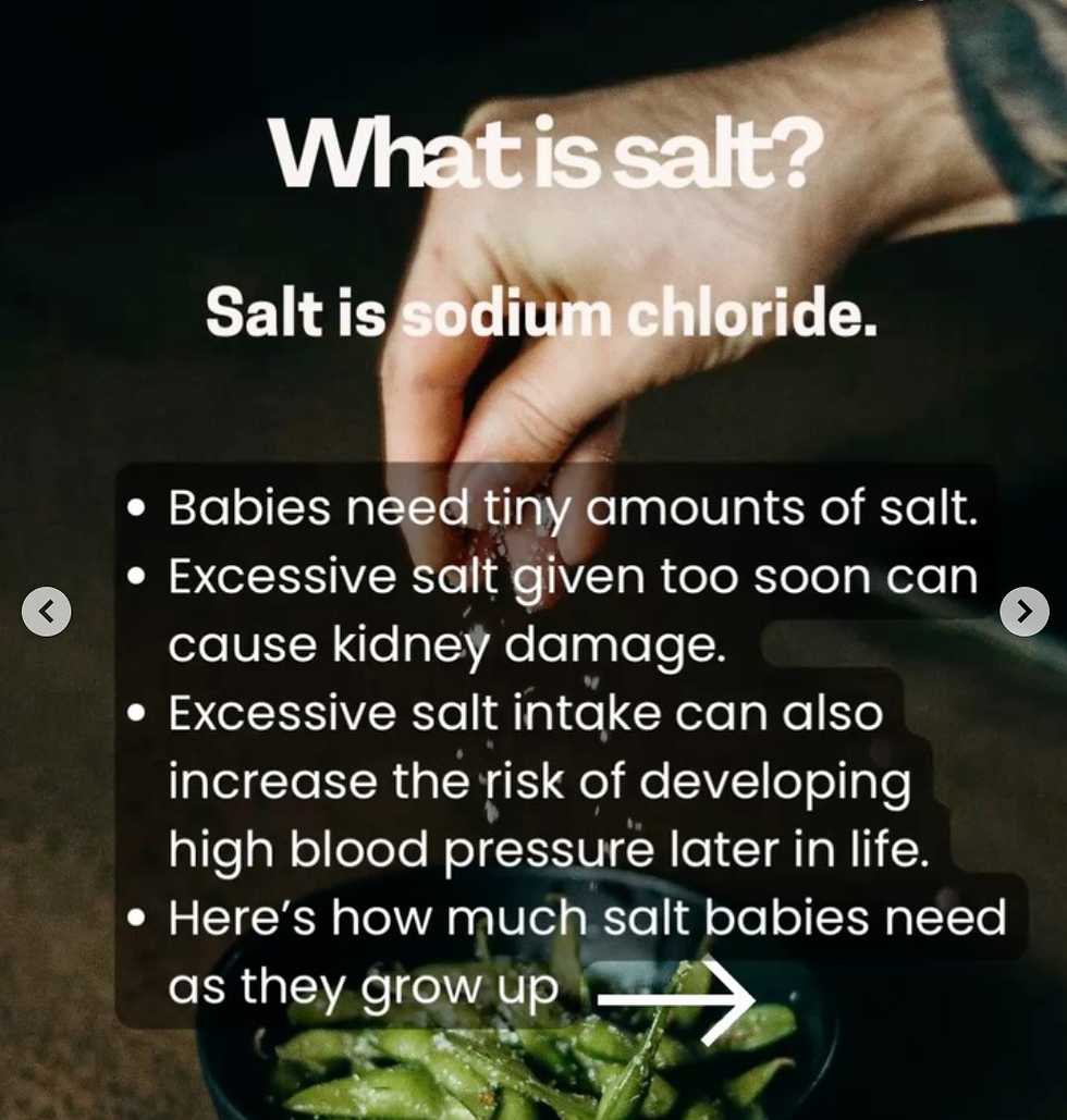 Hand sprinkling salt over green beans; infographic text explains babies need little salt and warns about excess sodium.