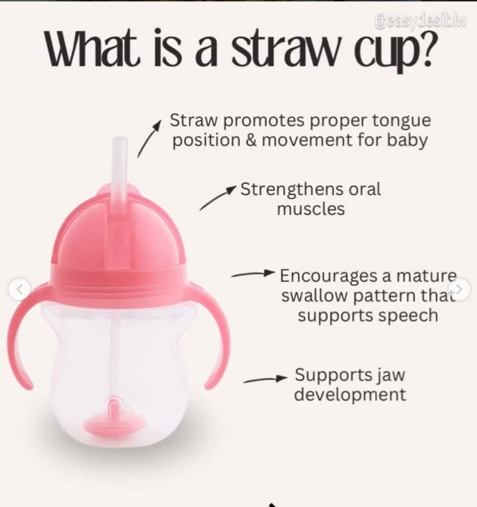 Infographic of a pink baby straw cup with text about tongue position, oral muscles, swallow pattern, and jaw development.