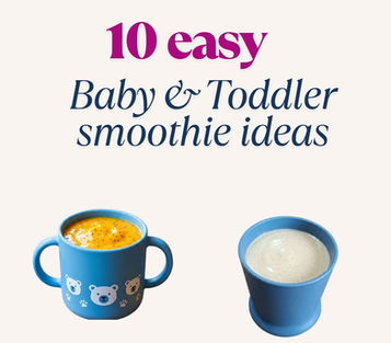 Infographic reading 10 easy Baby & Toddler smoothie ideas with four blue cups of colorful smoothies on a cream background.